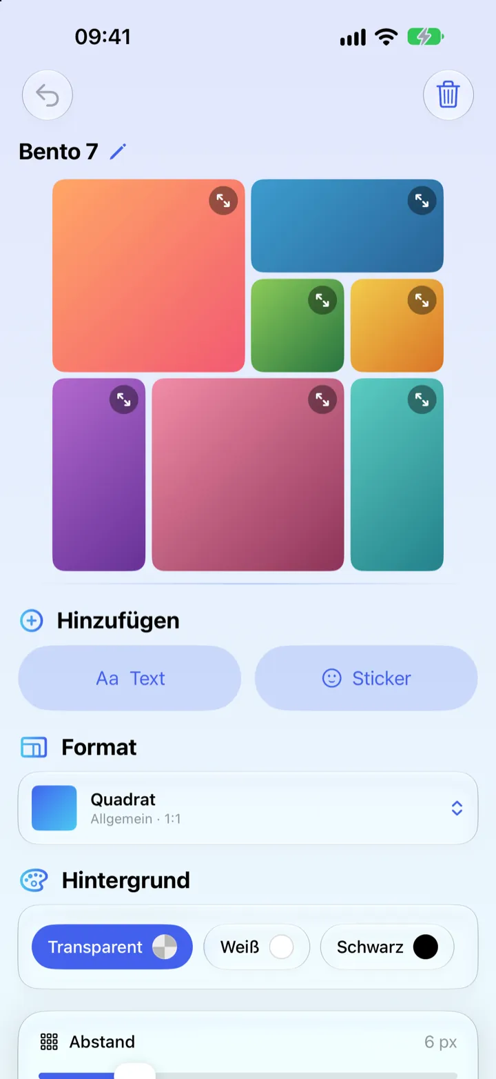 Gridium auf dem iPhone: Collage-Editor mit farbigem Bento-Raster, Text, Stickern und Formatwahl