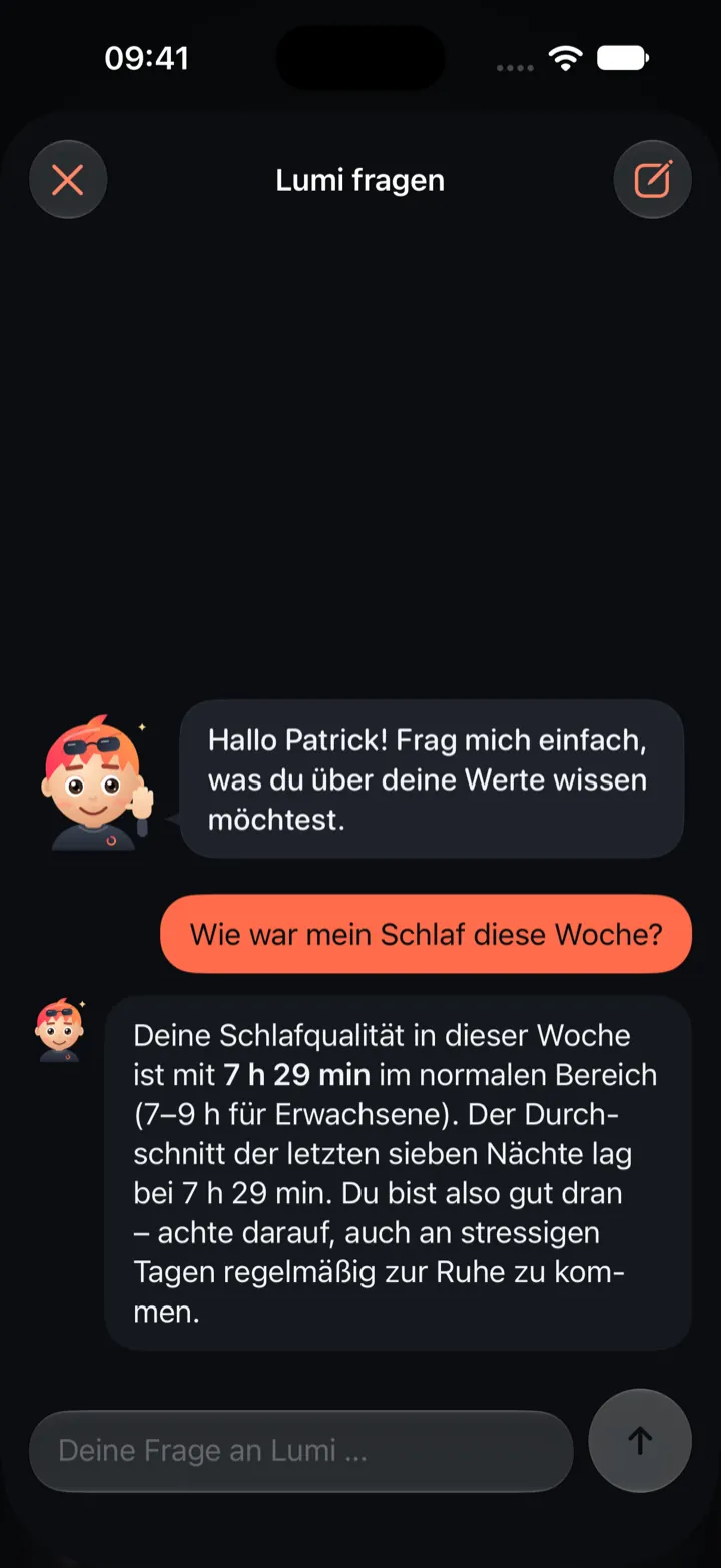 HealthLumio auf dem iPhone: „Lumi fragen“ beantwortet eine Frage zum Schlaf der Woche