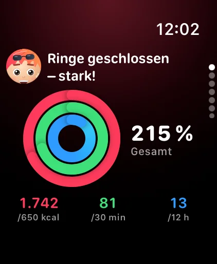 HealthLumio auf der Apple Watch: Aktivitätsringe mit „Ringe geschlossen – stark!“