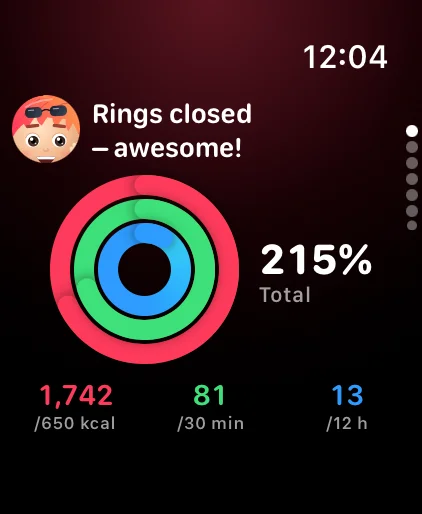 HealthLumio on Apple Watch: activity rings with “Rings closed – strong!”